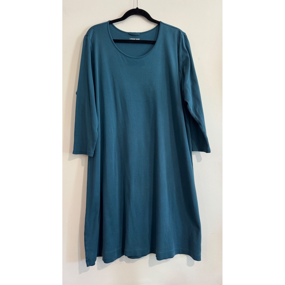 Fall Lands' End 3/4 Sleeve Knit A-Line Dress Womens XL Petite Teal Blue Soft